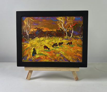 Oil painting Autumn and the last singing of birds by Oleksiy Ivanyuk in black frame
