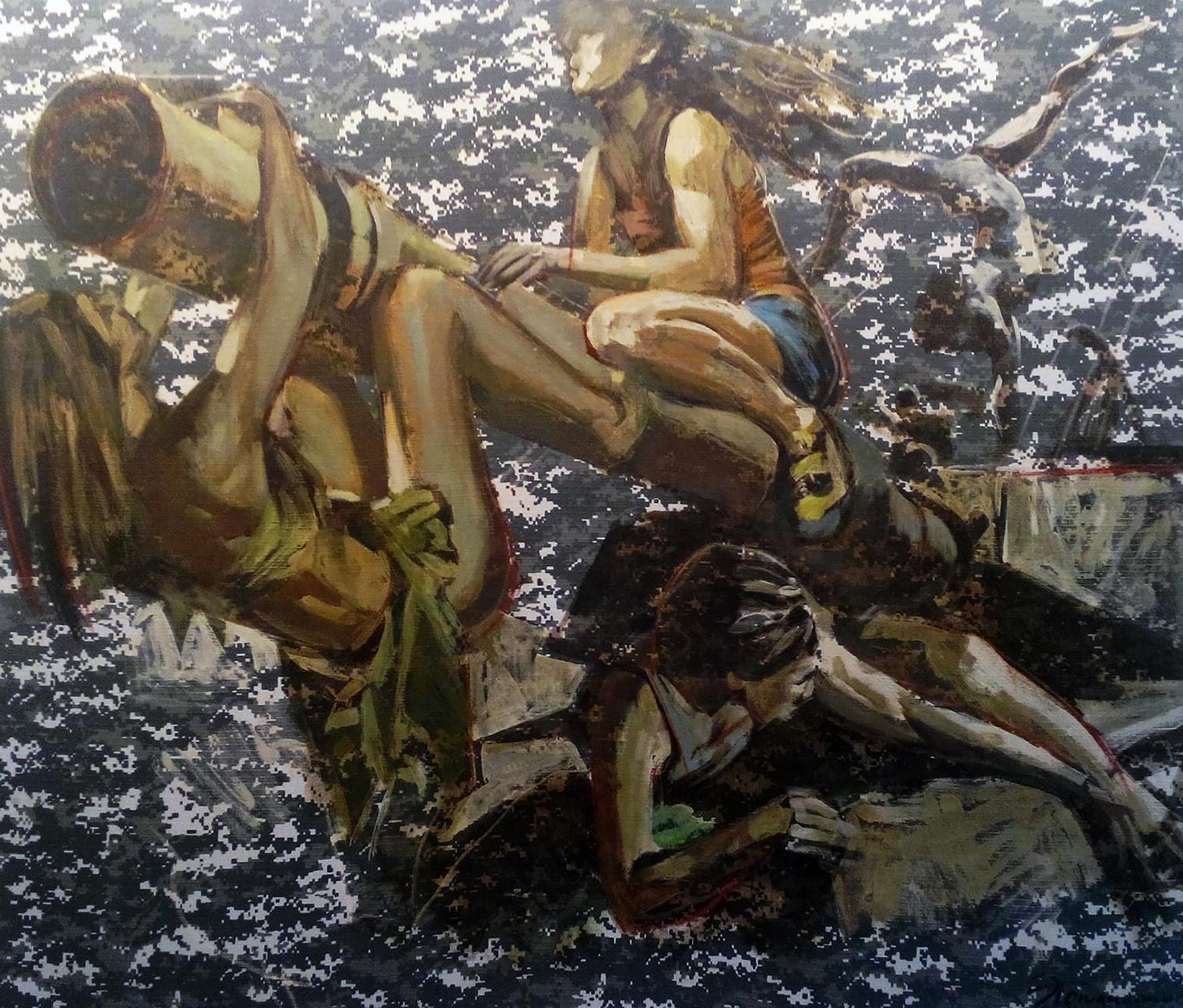 Dynamic Amazons Ed Potapenkov oil painting, figures in motion on dark textured background