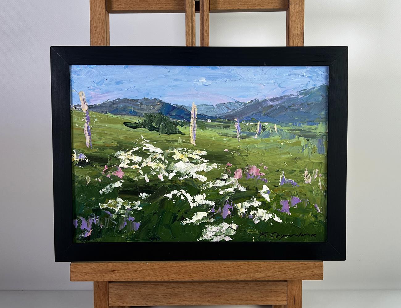 Oil painting Flowering mountain fields by Boris Serdyuk, vibrant green field scene