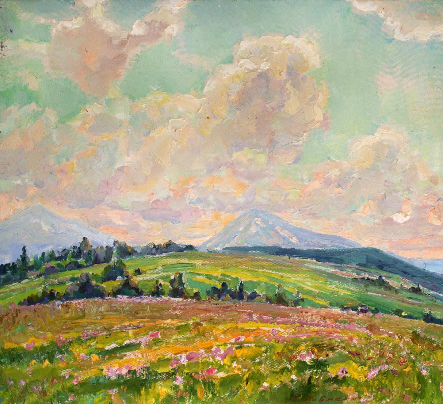 Vibrant impressionist oil painting Sunny day by Leonid Pavlenko with hills and wildflowers