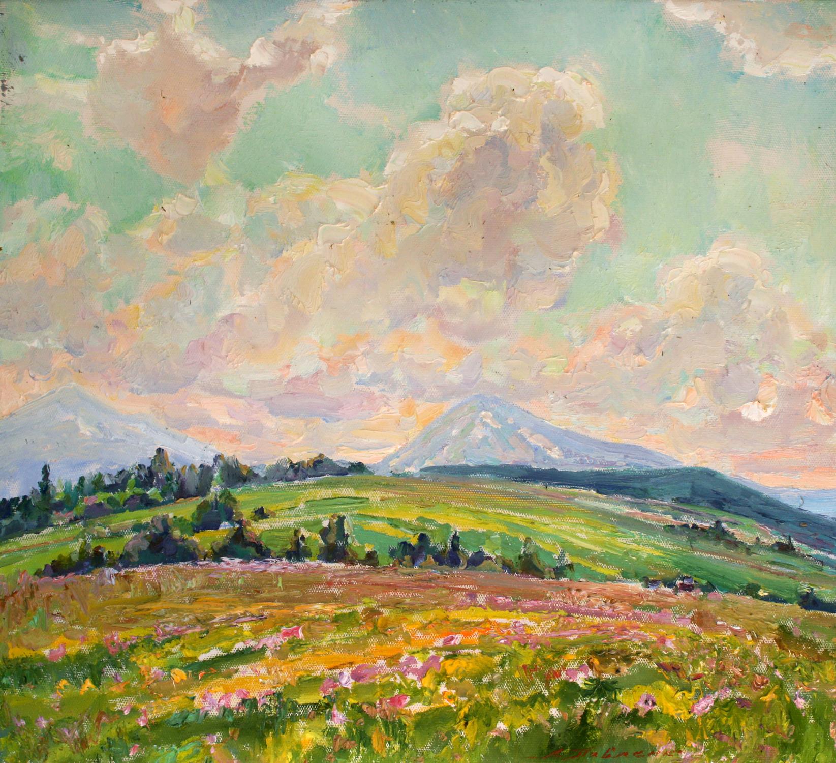 Vibrant impressionist oil painting Sunny day by Leonid Pavlenko with hills and wildflowers