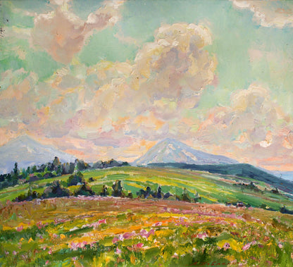 Vibrant impressionist oil painting Sunny day by Leonid Pavlenko with hills and wildflowers