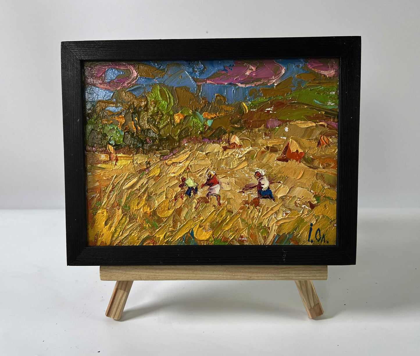 Vibrant impressionist oil painting by Oleksiy Ivanyuk: harvesting hay in golden field, framed