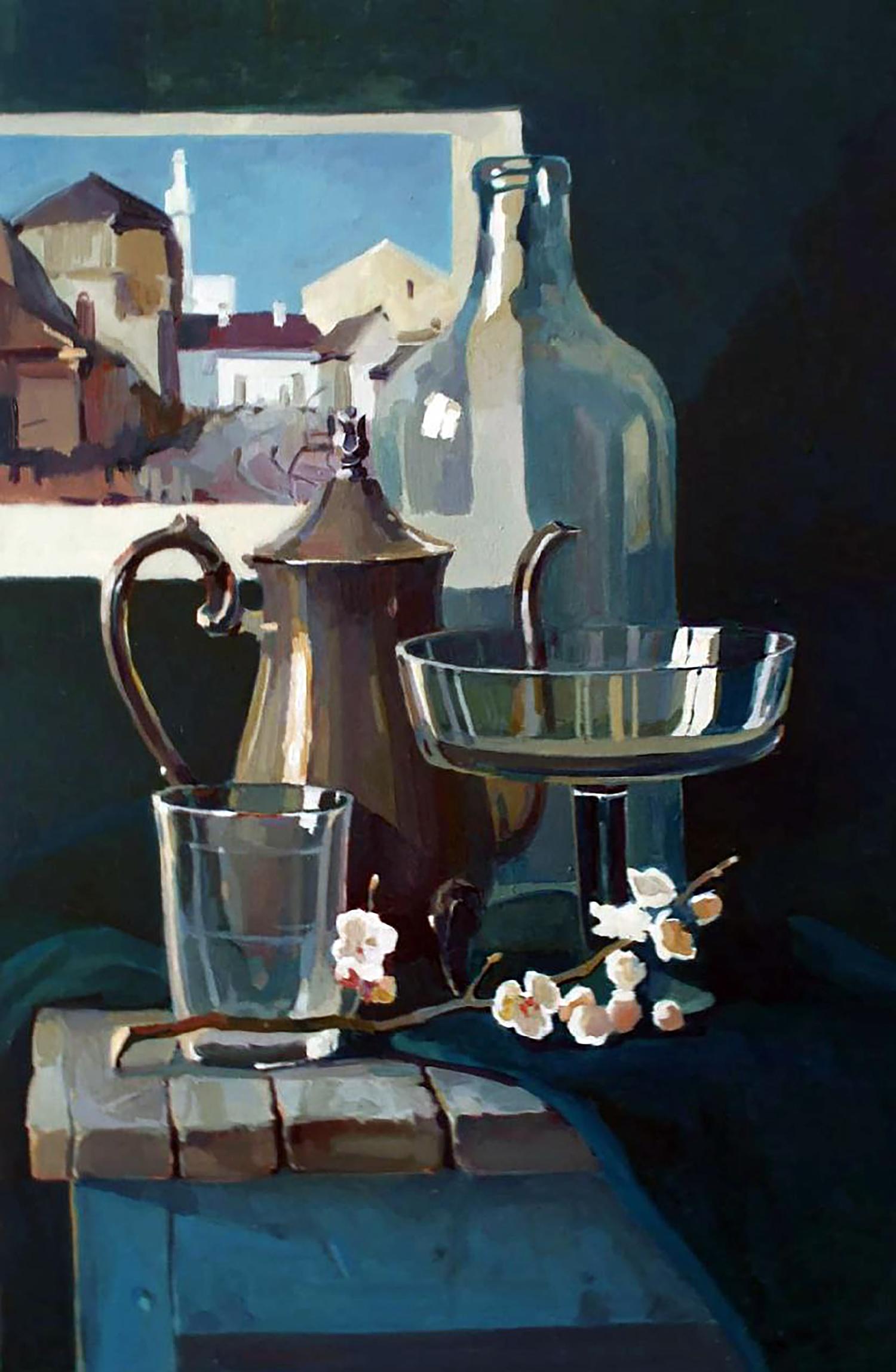 Oil painting of dark coffee pot, glass bowl, flowering branch by Anastasia Yaroshevich