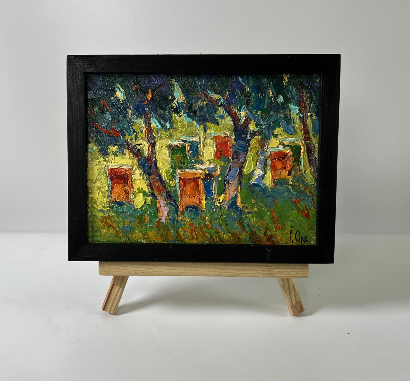 Oil painting Apiary in the forest by Oksana Ivanyuk on wooden easel