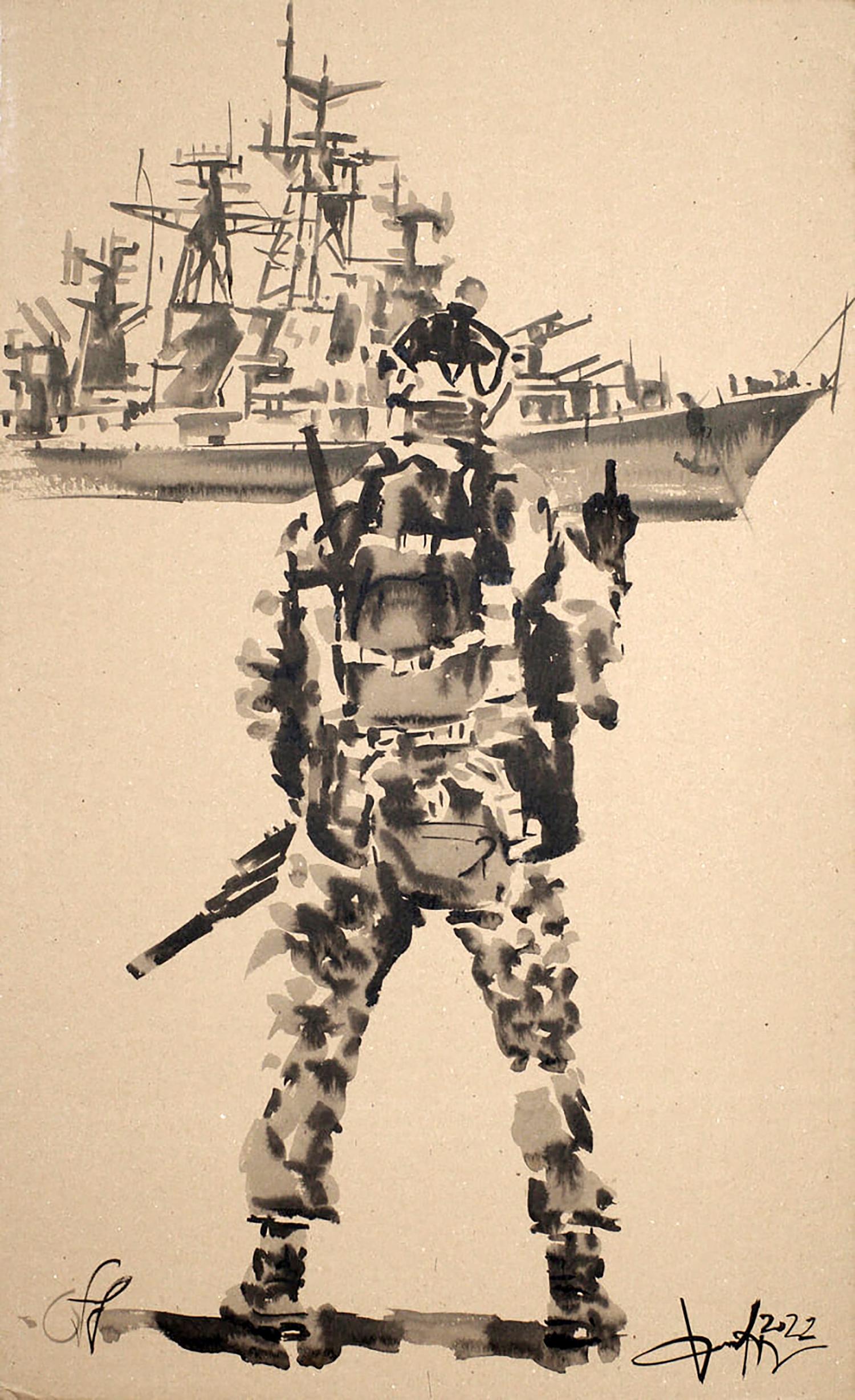 Black-and-white ink painting by Dima Filatov of camouflaged soldier before warship