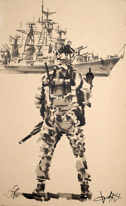 Black-and-white ink painting by Dima Filatov of camouflaged soldier before warship