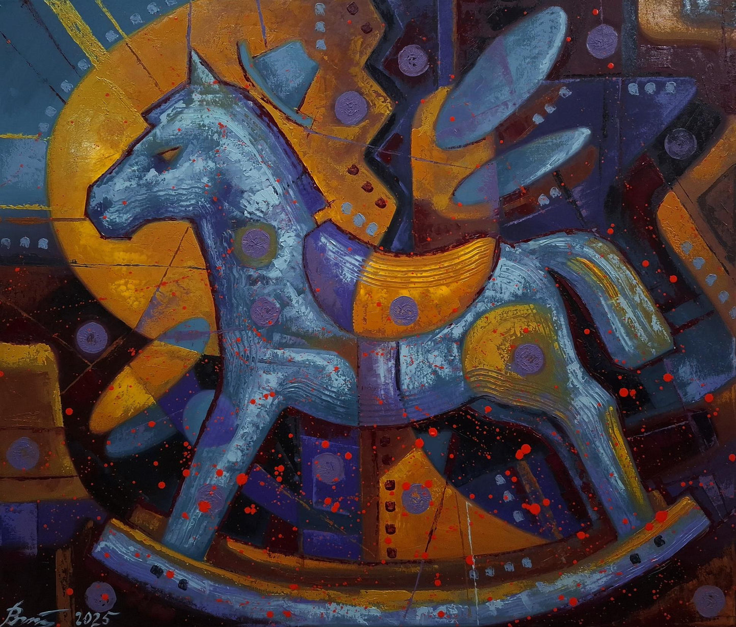 Oil painting of stylized blue rocking horse by Sergiy Voichenko