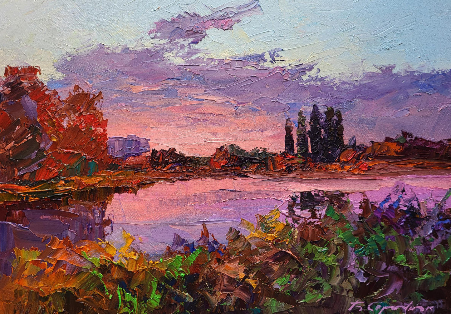 Oil painting Sunset over the river by Boris Serdyuk, vibrant impressionist sunset