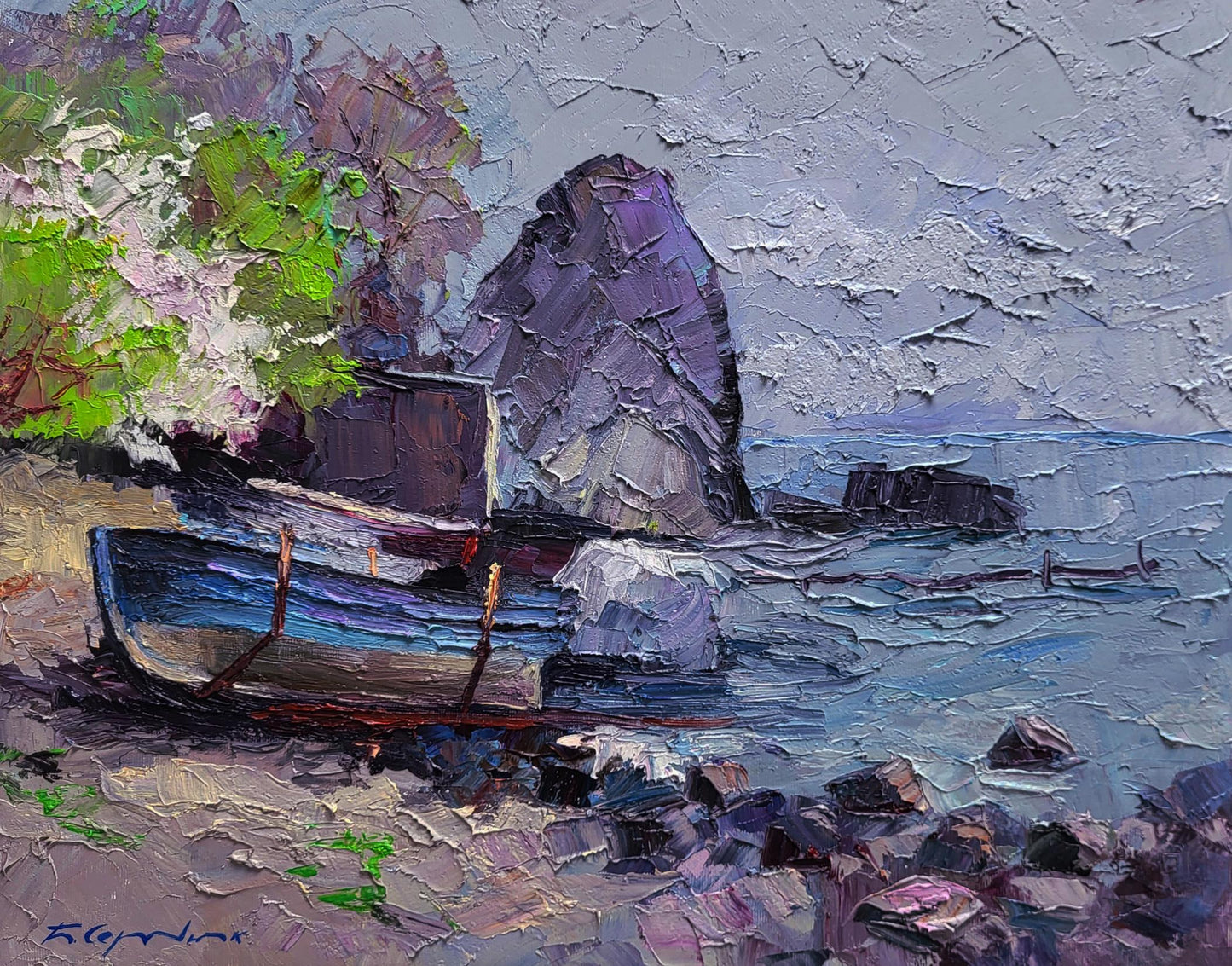 Oil painting Calm of a sea morning by Boris Serdyuk: blue rowboat on rocky shore