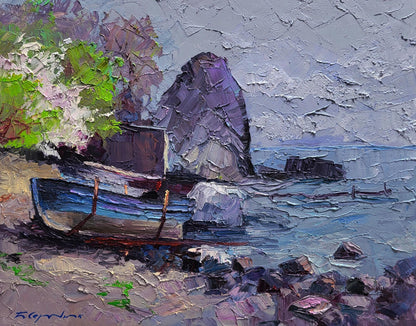 Oil painting Calm of a sea morning by Boris Serdyuk: blue rowboat on rocky shore