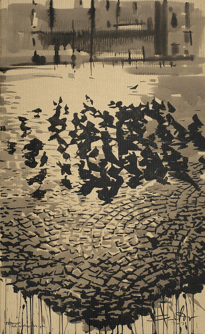 Monochromatic ink wash of birds over Dam Square water by Dima Filatov