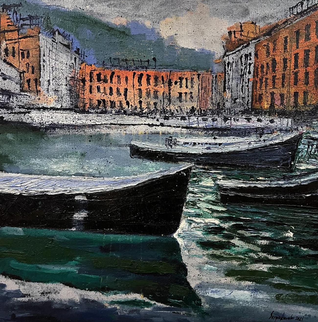 Oil painting by Serhiy Kovalev: canal with boats in green, black, orange, gray