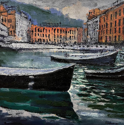 Oil painting by Serhiy Kovalev: canal with boats in green, black, orange, gray