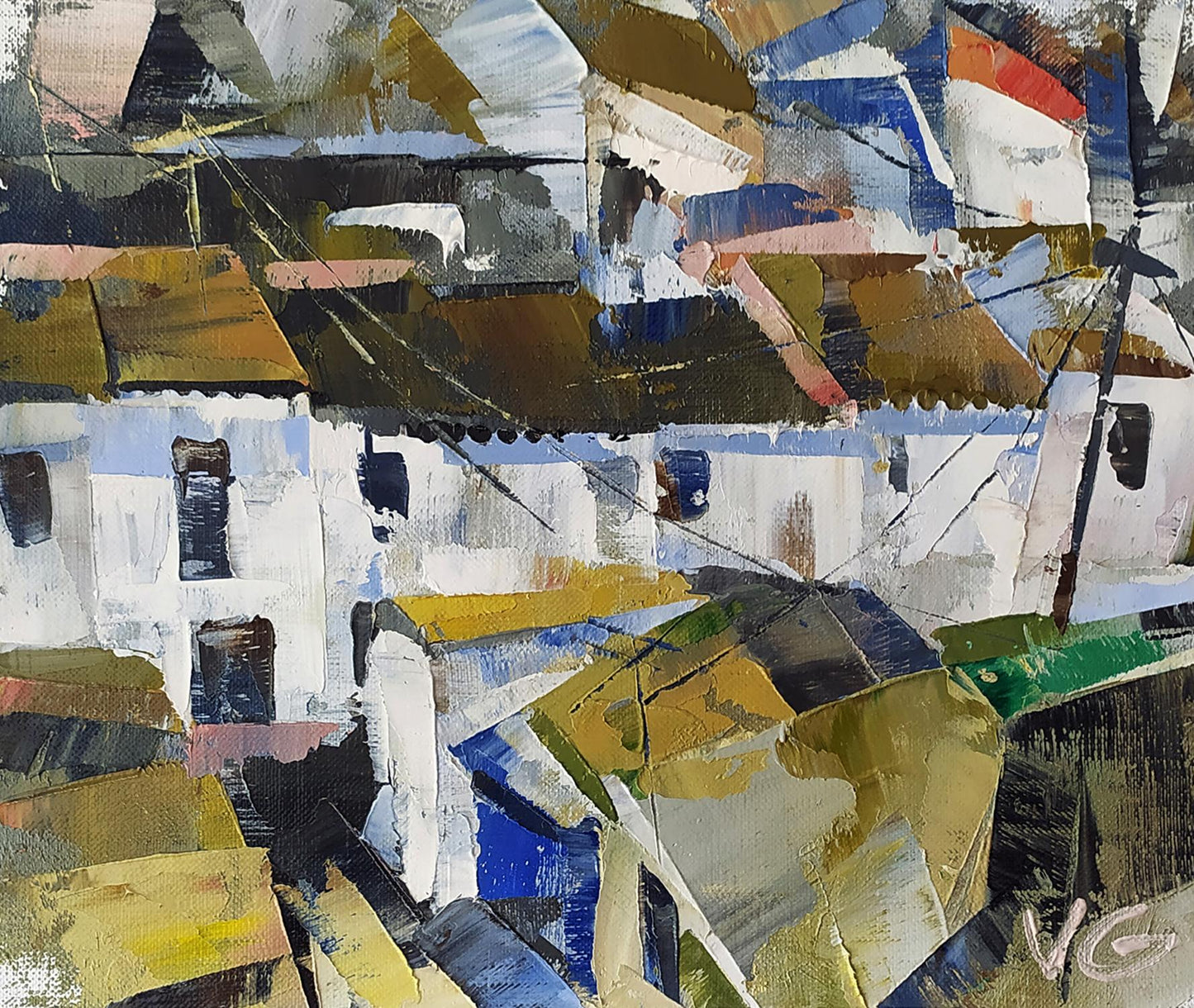 Oil painting Mirror street of the city by Volodymyr Gluhomanyuk, abstract textured brushstrokes