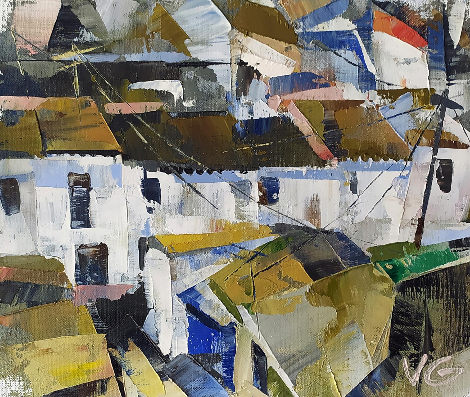 Oil painting Mirror street of the city by Volodymyr Gluhomanyuk, abstract textured brushstrokes