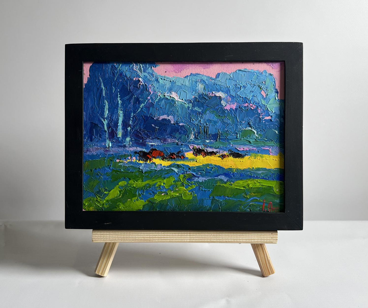Oil painting Spring Meadows by Oksana Ivanyuk in black frame