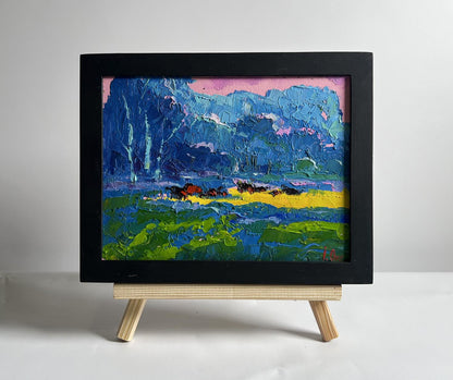 Oil painting Spring Meadows by Oksana Ivanyuk in black frame