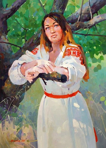 Oil painting by Anastasia Yaroshevich: woman in white dress with red embroidery, orange belt holding dark object