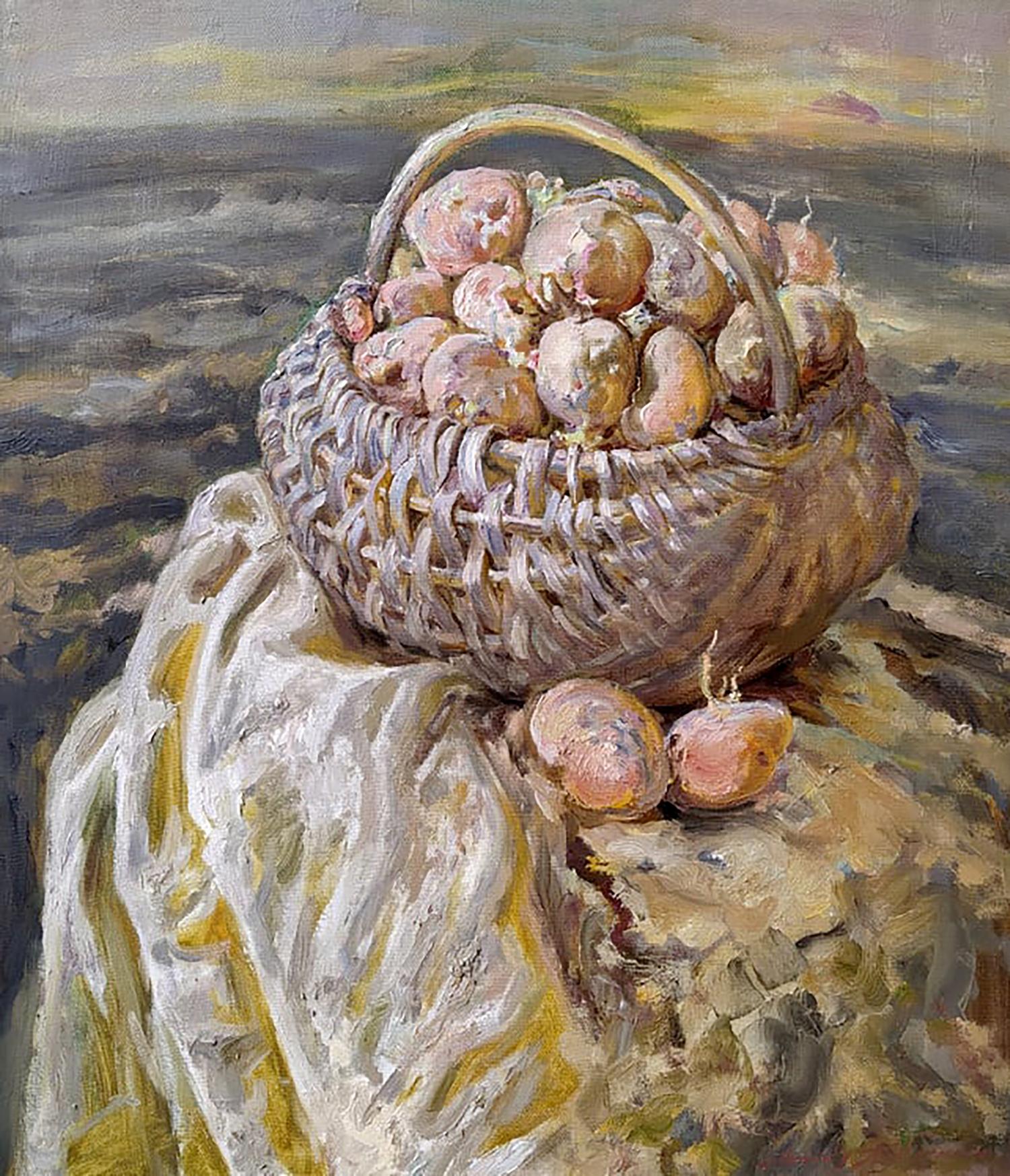 Oil painting by Leonid Pavlenko: wicker basket with earthy potatoes