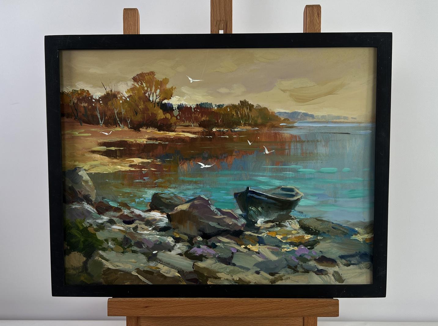 Oil painting by Yuriy Suprunchuk: birds fly over serene lakeside with boat