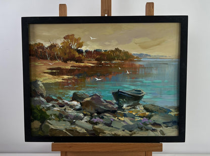 Oil painting by Yuriy Suprunchuk: birds fly over serene lakeside with boat