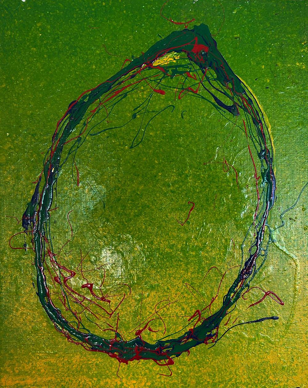Vibrant acrylic painting Bright lemon by Olga Melezhik, swirling green red black impasto