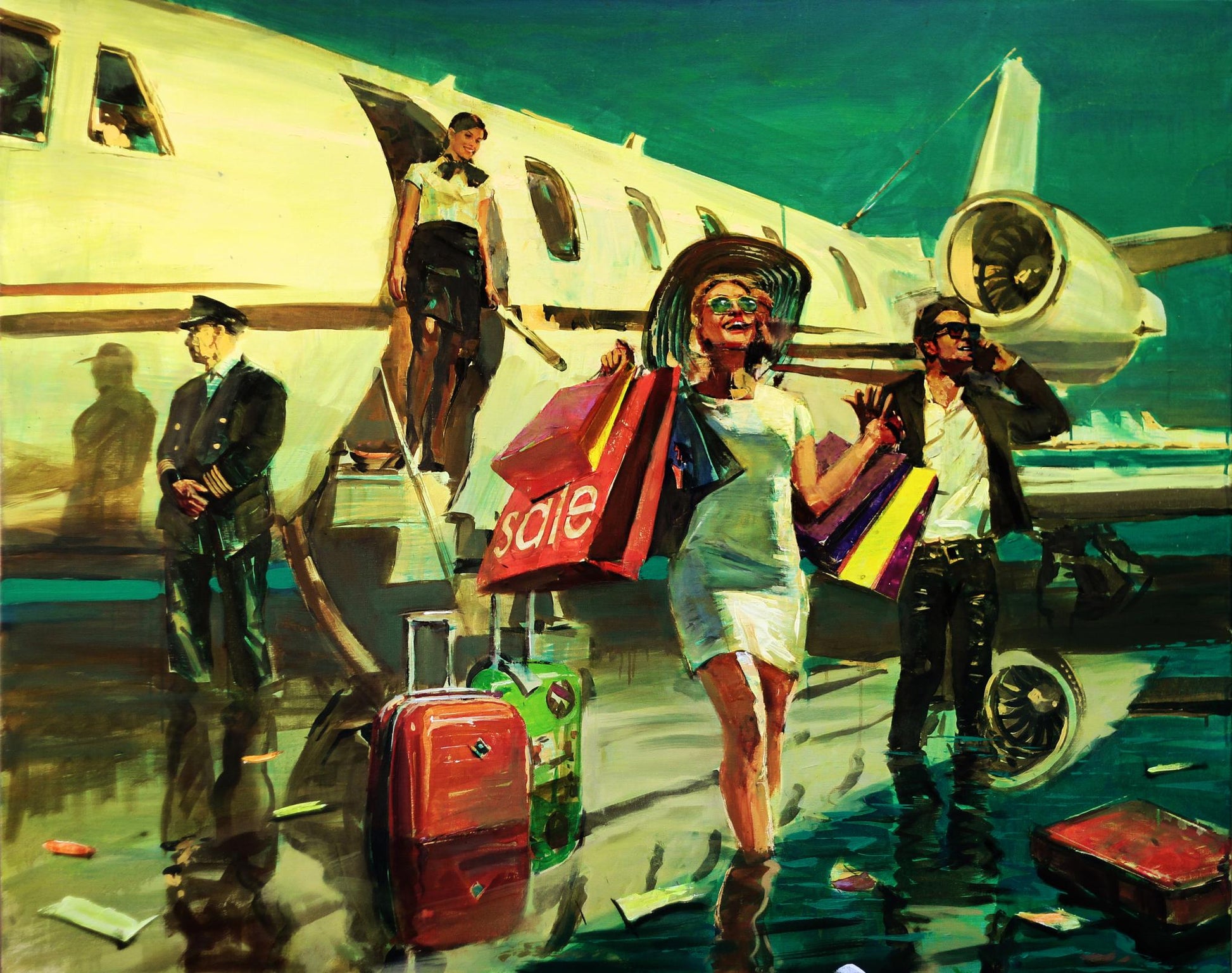 Oil painting by Charter Ed Potapenkov: woman in white dress with sale bags near airplane