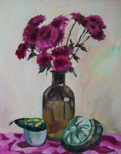 Oil painting of burgundy chrysanthemums by Tatyana Shulyak