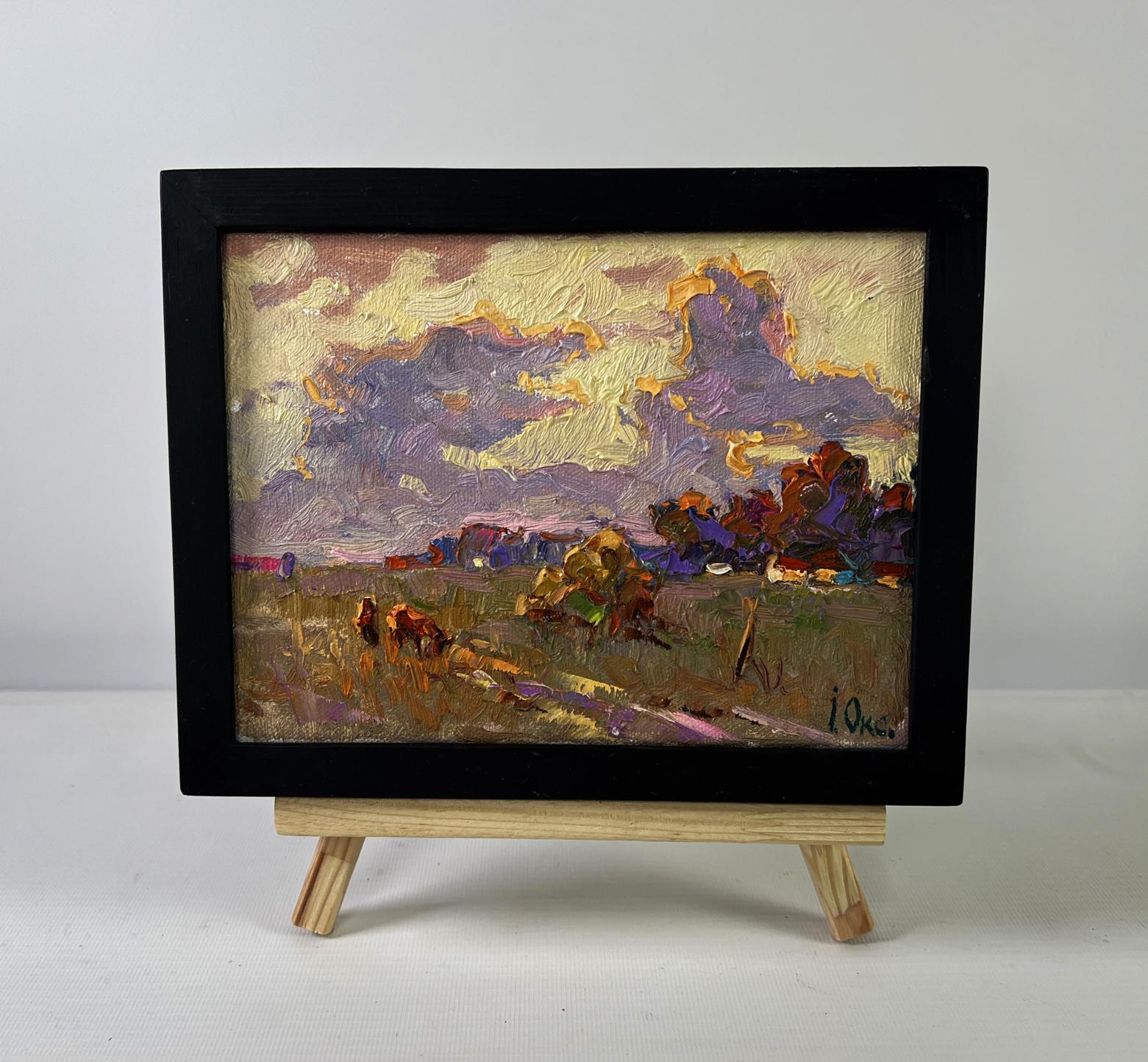 Oil painting Silence that envelops the world by Oksana Ivanyuk, vibrant purple gold landscape
