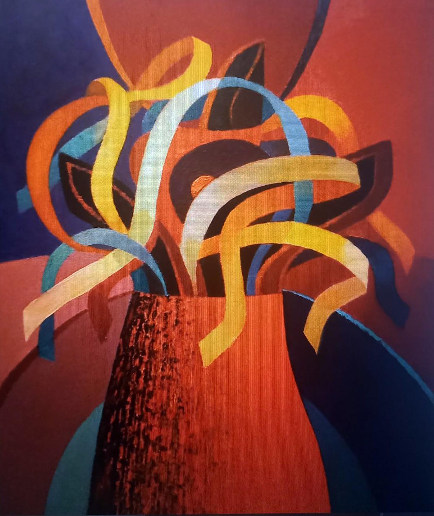 Vibrant oil painting of textured orange vase with ribbons by Alexander Strashevich