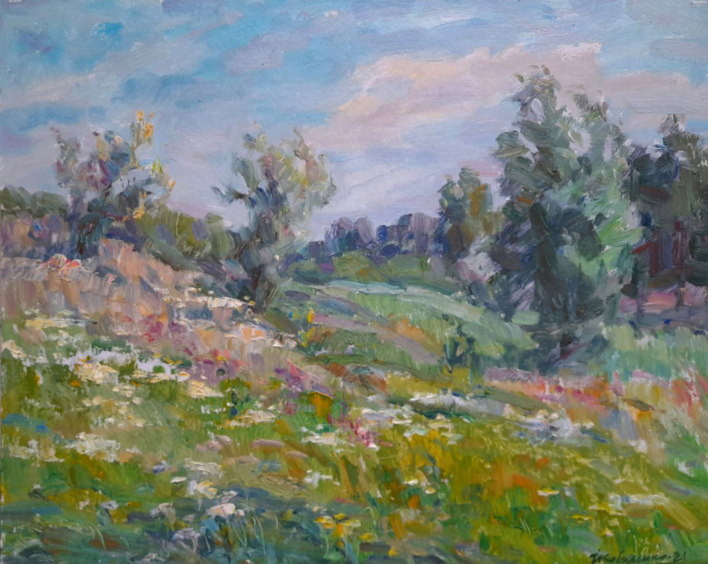 Vibrant impressionist oil painting of sunlit flower fields by Ivan Kovalenko