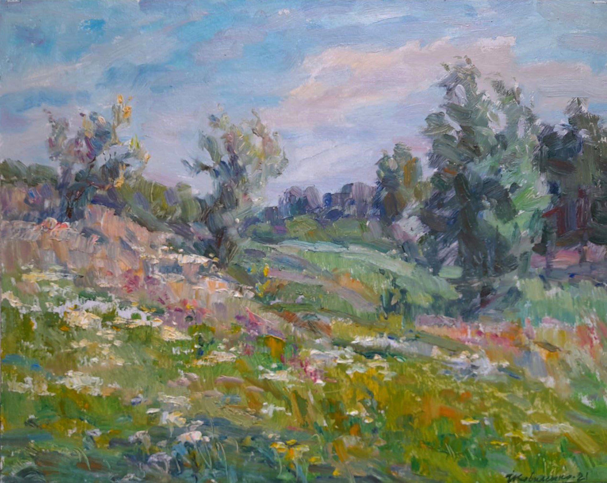 Vibrant impressionist oil painting of sunlit flower fields by Ivan Kovalenko
