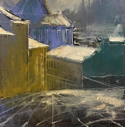 Oil painting of snow-covered roofs in village by Serhiy Kovalev