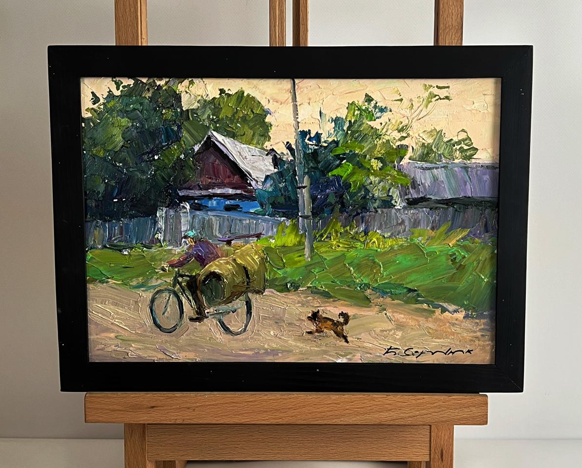 Oil painting Country life with dog by Boris Serdyuk, cyclist with yellow barrel