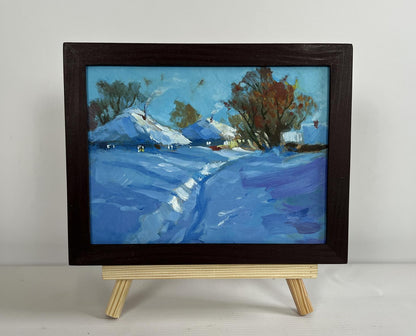 Oil painting Path through the snow by Yuriy Suprunchuk in dark wood frame