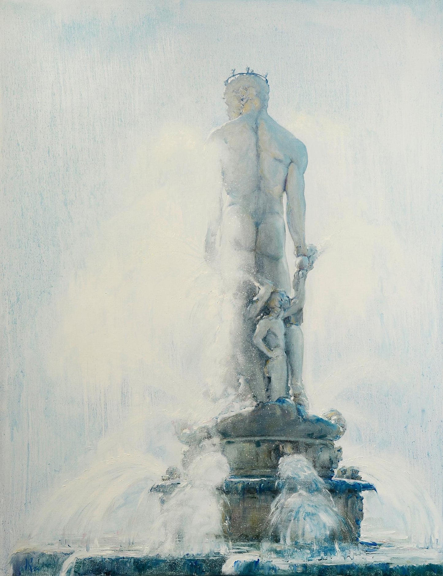 Oil painting of Neptuno fountain by Oleg Kateryniuk, tall muscular statue with crown and child