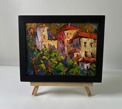 Vibrant impressionist oil painting Evening city bustle by Oleksiy Ivanyuk, framed in black