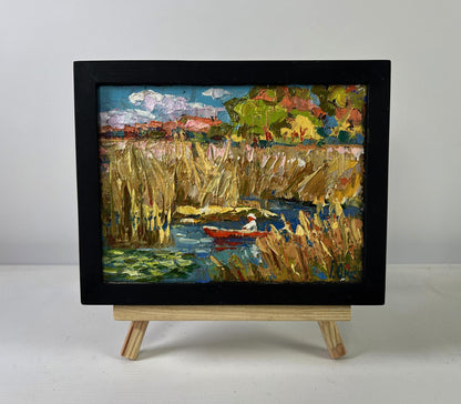 Oil painting Silence of the Water by Oksana Ivanyuk in black frame