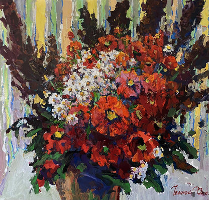 Vibrant red and white poppies by Oksana Ivanyuk oil painting on canvas