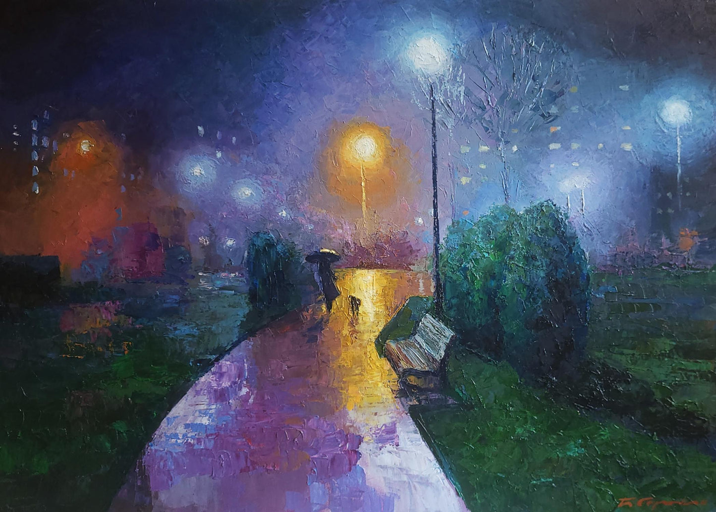 Oil painting Under the rain by Boris Serdyuk moody rainy night scene