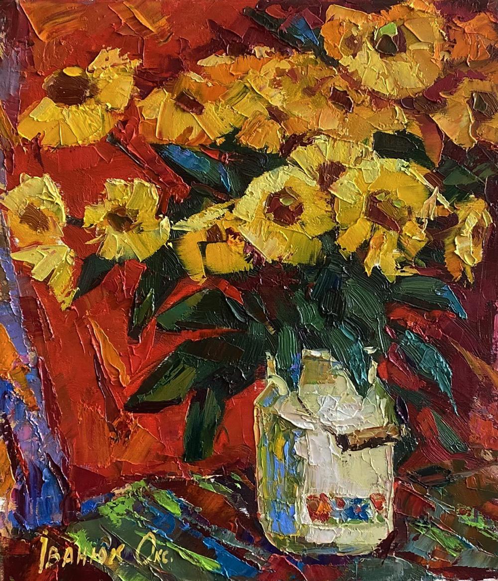 Oil painting of vibrant yellow sunflowers in white vase by Oksana Ivanyuk