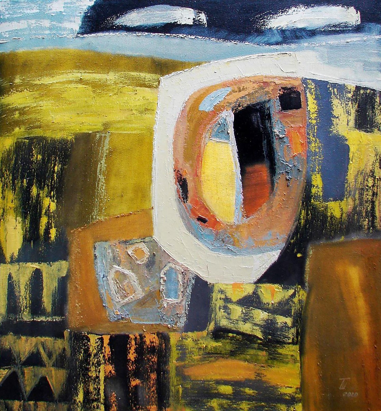 Golden Rain oil painting by Tatyana Shulyak: abstract yellow, black, blue textured strokes with white oval of orange, red, gray