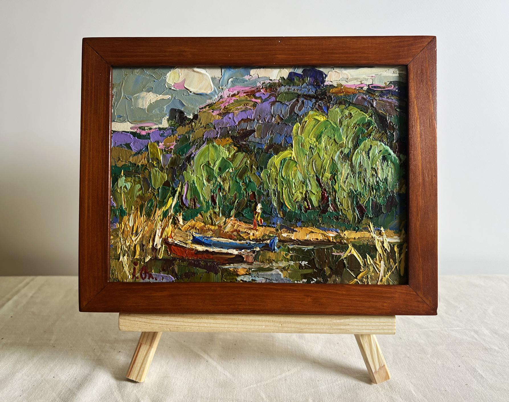 Oil painting Red and blue boat by Oleksiy Ivanyuk in wooden frame