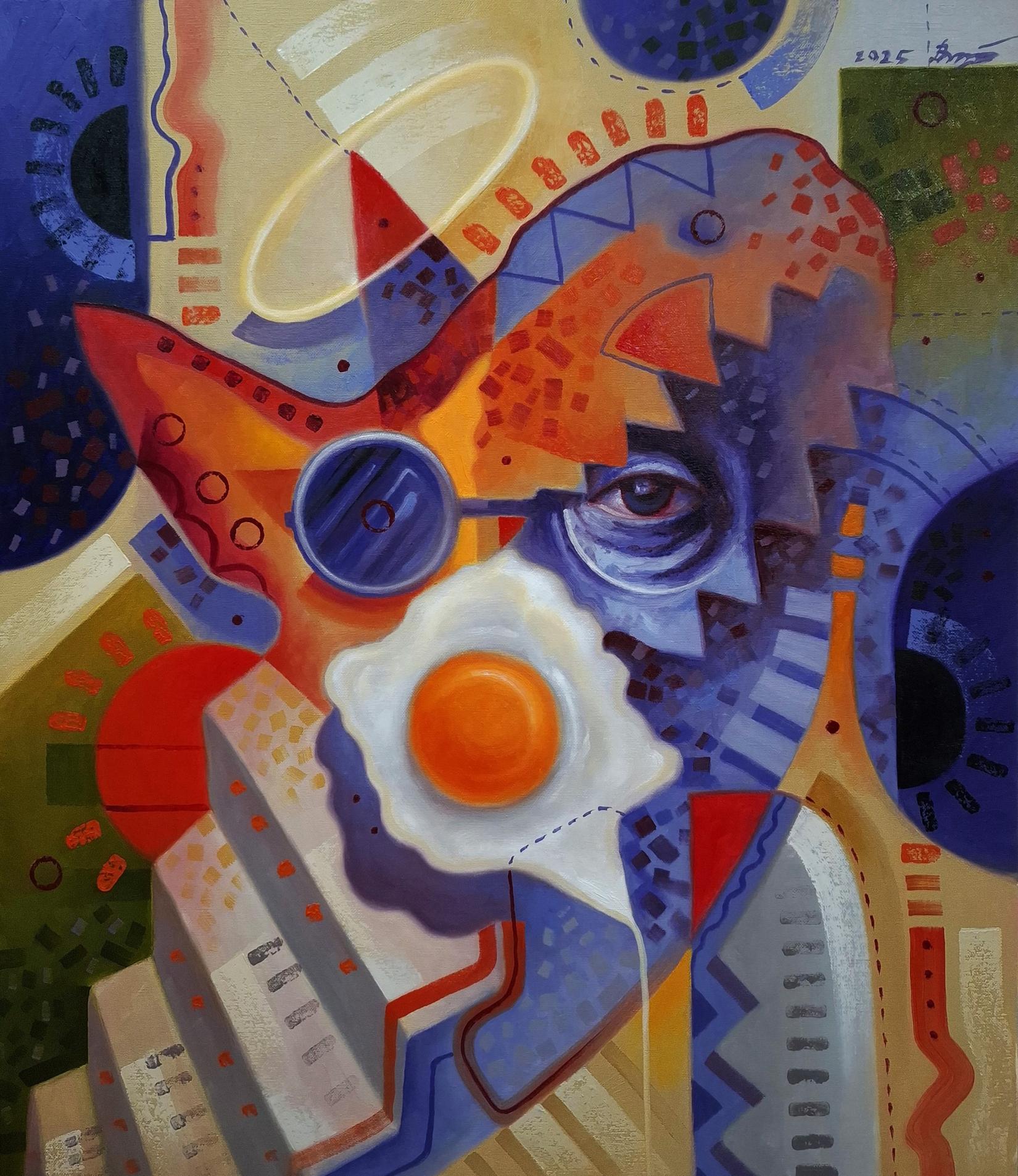 Oil painting Quick breakfast by Sergiy Voichenko, abstract face in vibrant colors