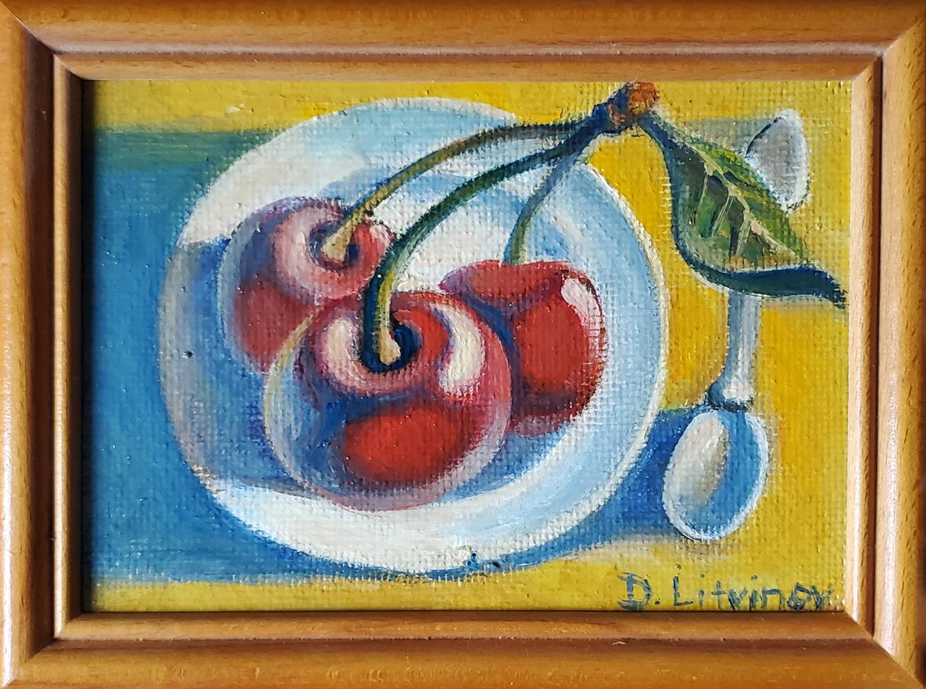 Oil painting Cherries by the Sea by Daniil Litvinov, vibrant red cherries on plate