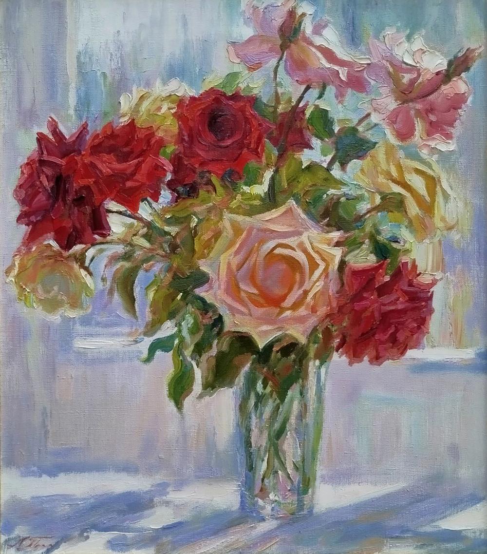 Oil painting of vibrant rose bouquet on windowsill by Leonid Pavlenko