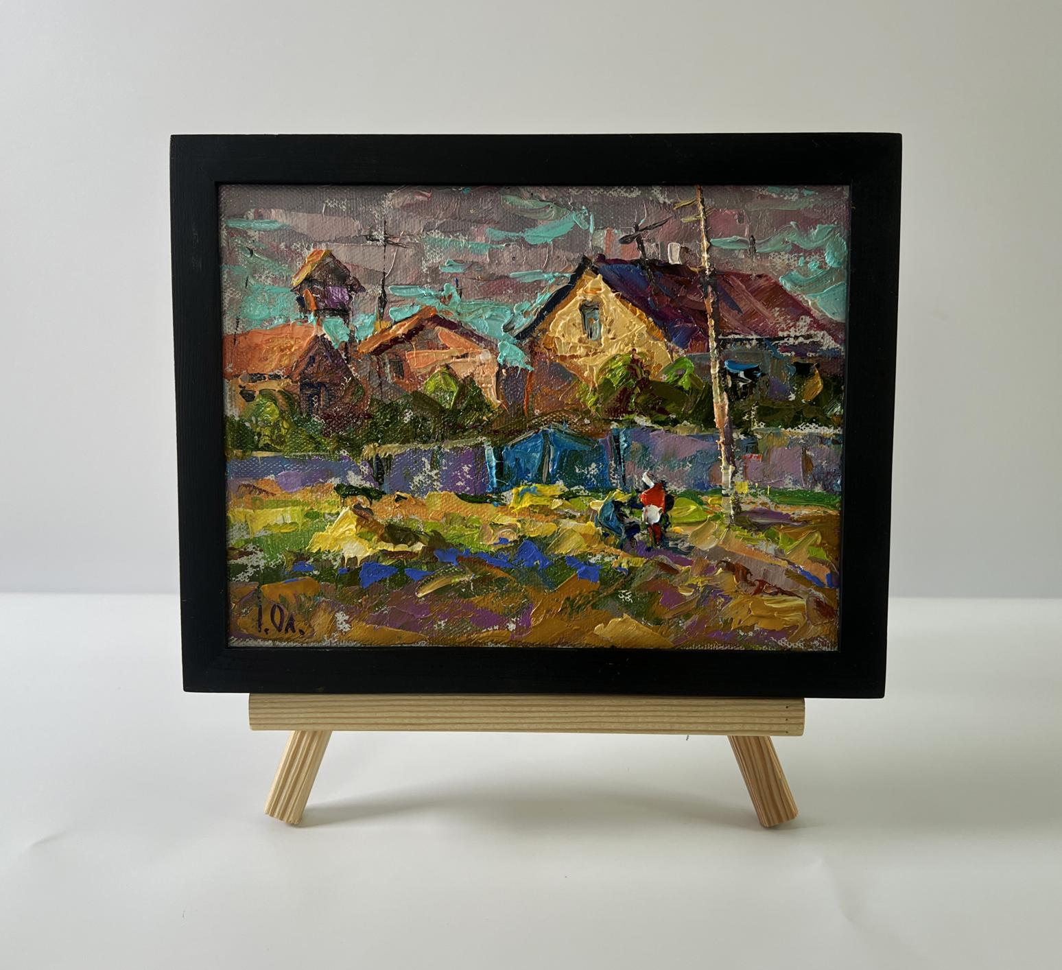 Vibrant impressionist oil painting of village street by Oleksiy Ivanyuk in black frame
