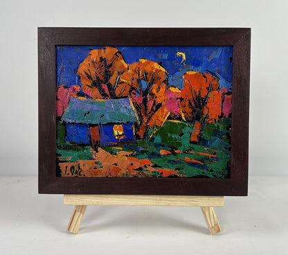 Oil painting When evening falls over the land by Oksana Ivanyuk in frame on easel