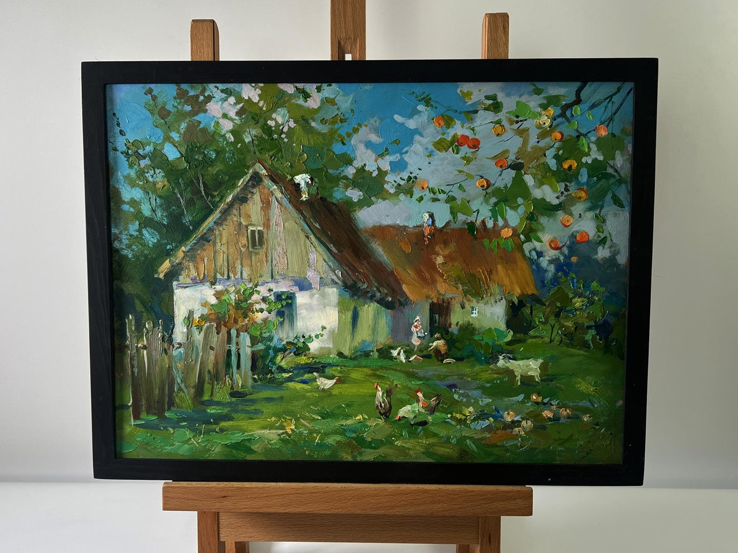 Oil painting Village with animals by Yuriy Suprunchuk rustic countryside scene